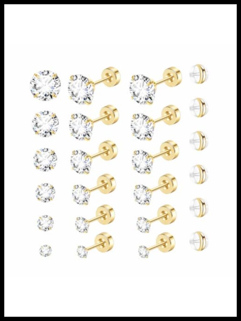 6 Pair Flat Back Stud Earrings Hypoallergenic 5A CZ Screw Back 3-8mm